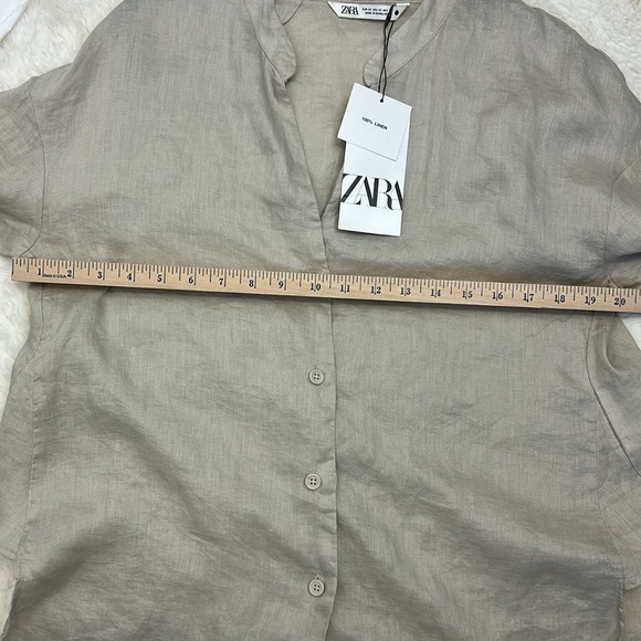 NWT ZARA 100% Linen Button-Down Asymmetrical Shirt in Taupe Gray - Picture 9 of 10